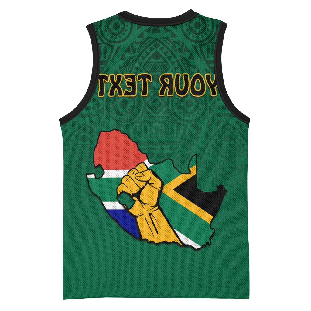 Personalised South Africa Basketball Jersey African Pattern Happy Freedom Day Green Version - African Pride