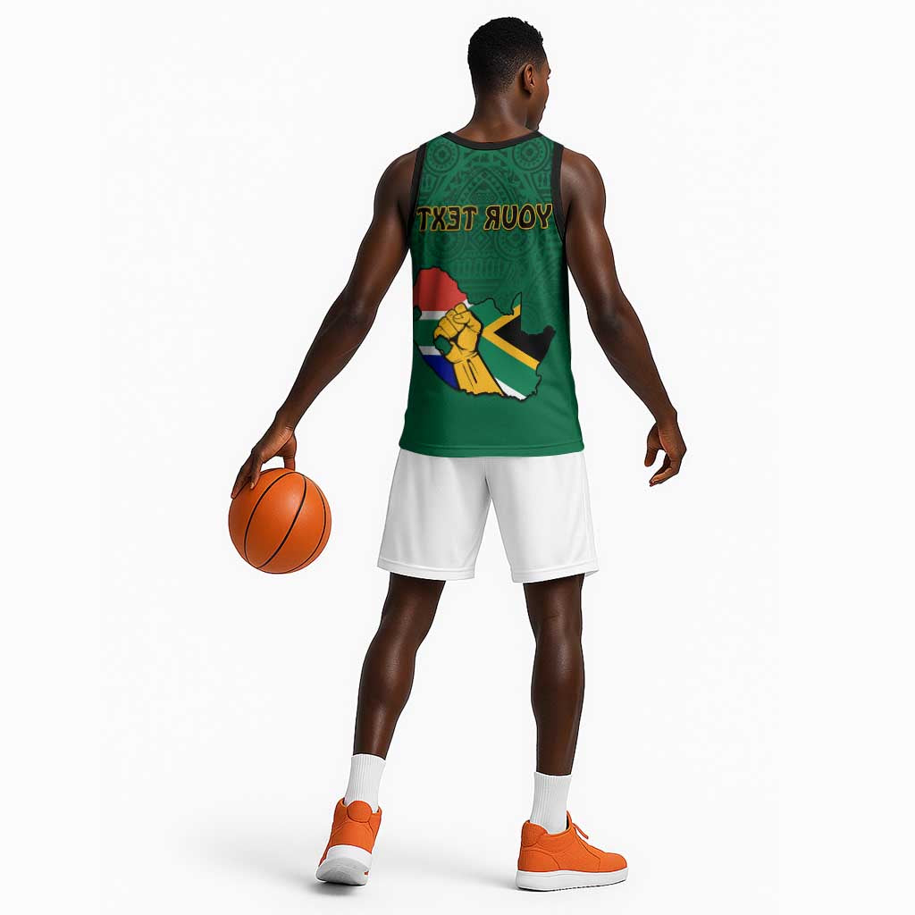 Personalised South Africa Basketball Jersey African Pattern Happy Freedom Day Green Version - African Pride