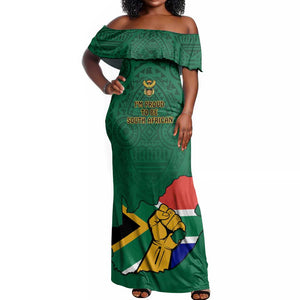 Personalised South Africa Off Shoulder Maxi Dress African Pattern Happy Freedom Day Green Version