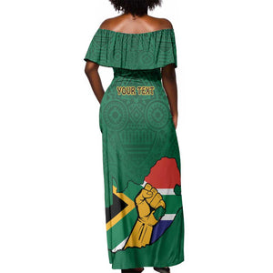 Personalised South Africa Off Shoulder Maxi Dress African Pattern Happy Freedom Day Green Version