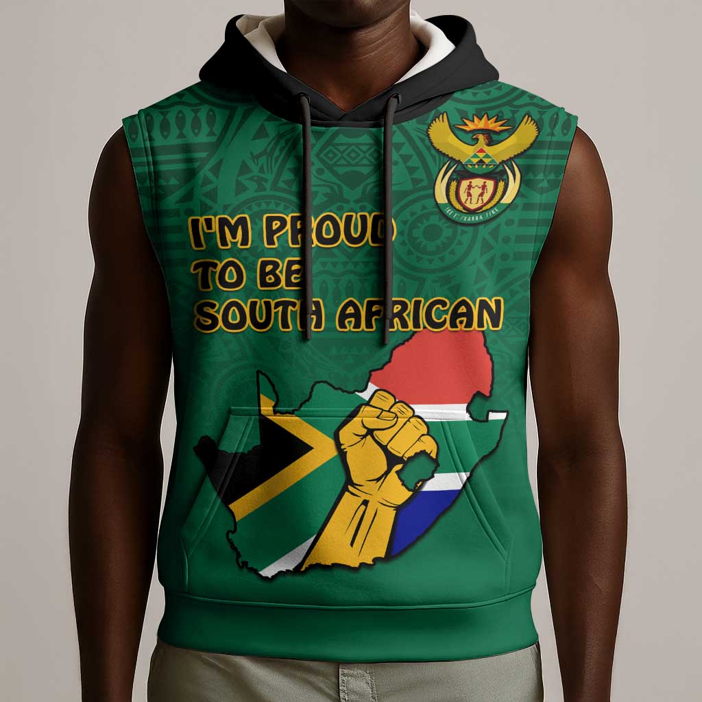 Personalised South Africa Sleeveless Hoodie African Pattern Happy Freedom Day Green Version - African Pride