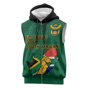 Personalised South Africa Sleeveless Zip Hoodie African Pattern Happy Freedom Day Green Version - African Pride