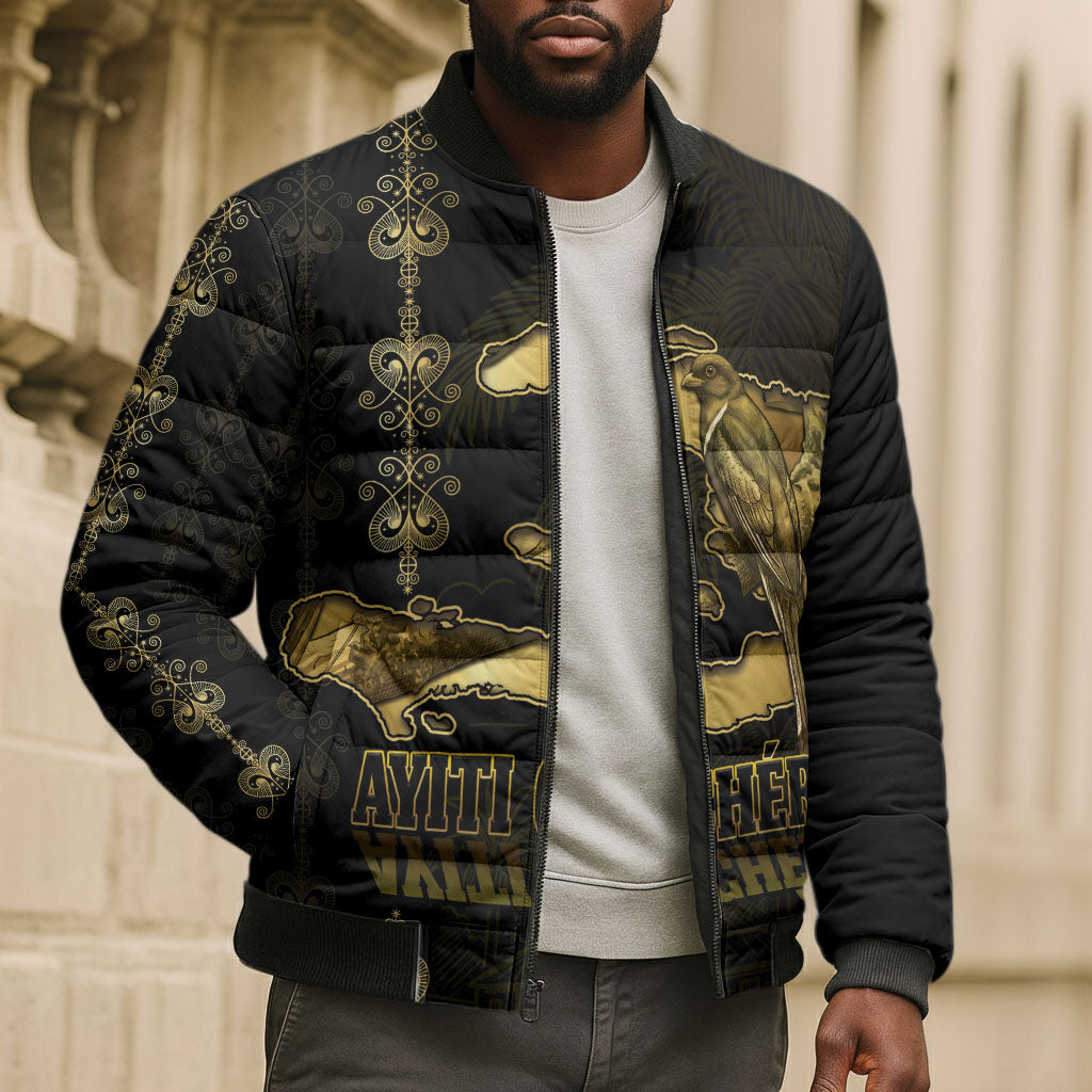 Afro-Haitians Ayiti Cherie Bomber Puffer Jacket Haiti Map Kanson Wouj Veve Vodou