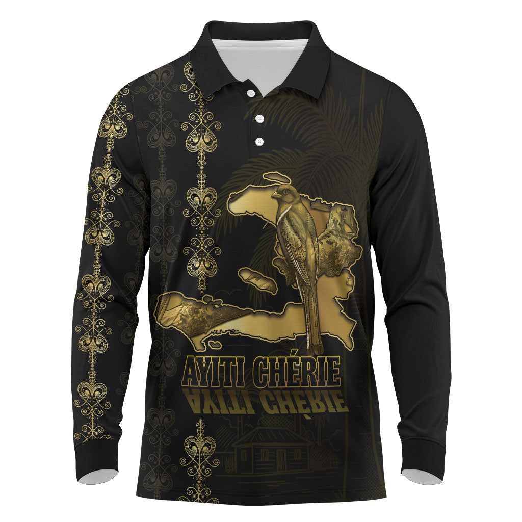 Afro-Haitians Ayiti Cherie Long Sleeve Polo Shirt Haiti Map Kanson Wouj Veve Vodou