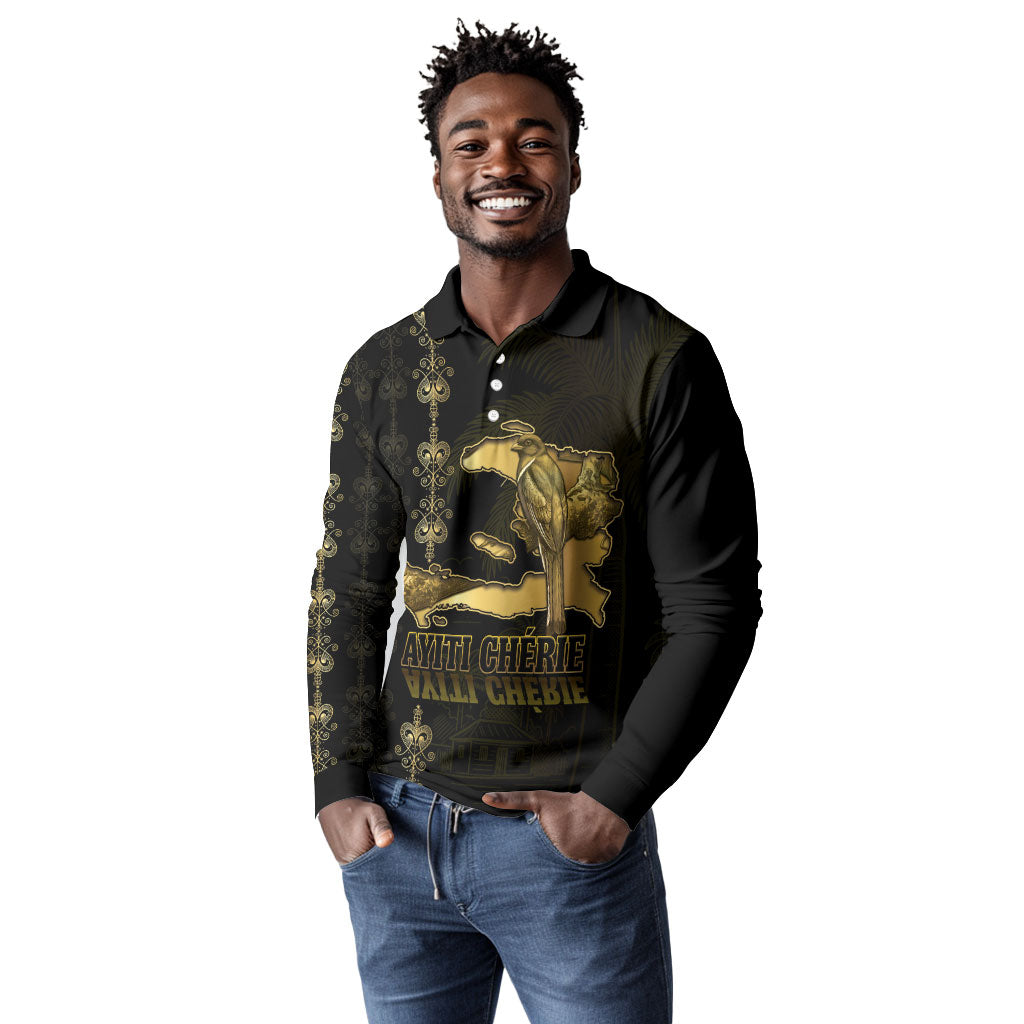 Afro-Haitians Ayiti Cherie Long Sleeve Polo Shirt Haiti Map Kanson Wouj Veve Vodou