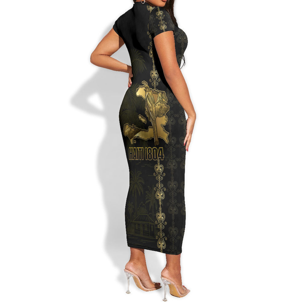 Afro-Haitians Ayiti Cherie Short Sleeve Bodycon Dress Haiti Map Kanson Wouj Veve Vodou