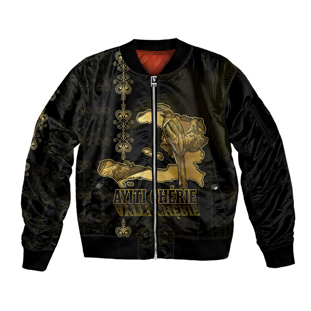 Afro-Haitians Ayiti Cherie Sleeve Zip Bomber Jacket Haiti Map Kanson Wouj Veve Vodou