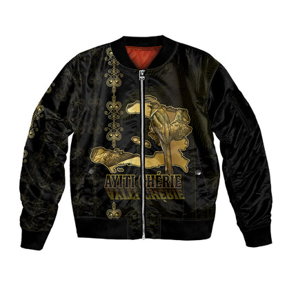 Afro-Haitians Ayiti Cherie Sleeve Zip Bomber Jacket Haiti Map Kanson Wouj Veve Vodou