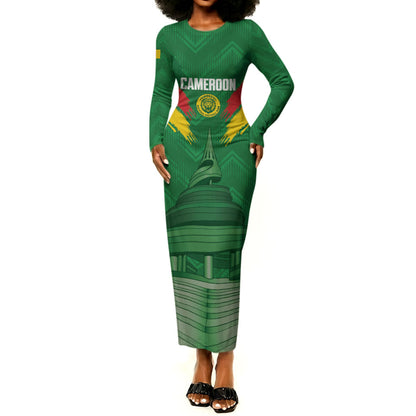 Cameroon Football Custom Long Sleeve Bodycon Dress Reunification Monument Les Lionnes Indomptables