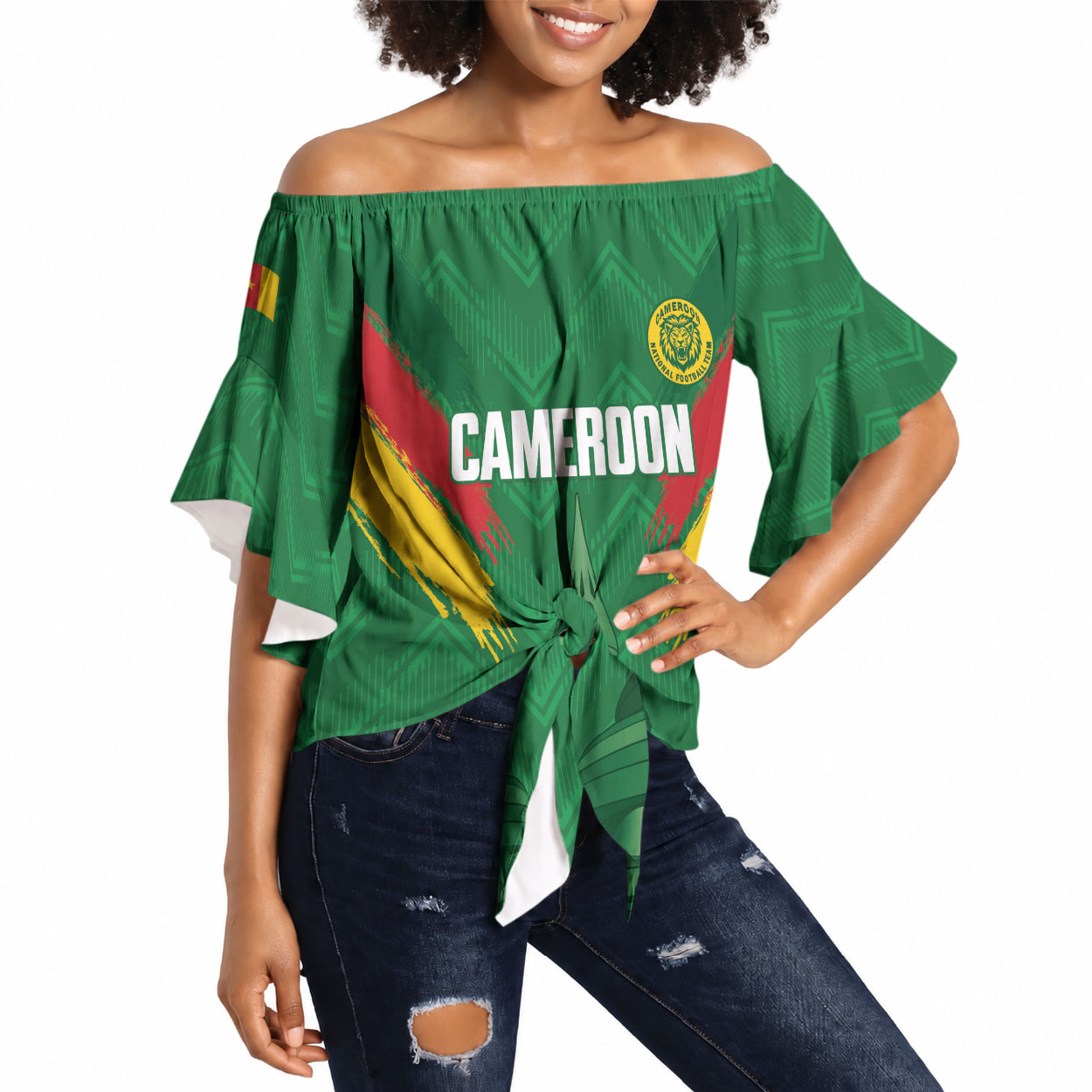 Cameroon Football Custom Off Shoulder Wrap Waist Top Reunification Monument Les Lionnes Indomptables