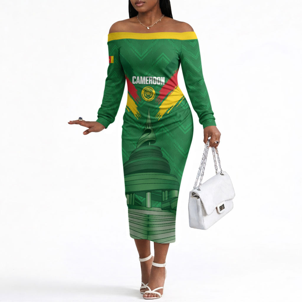 Cameroon Football Custom Off The Shoulder Long Sleeve Dress Reunification Monument Les Lionnes Indomptables