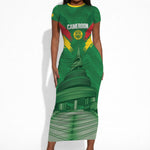 Cameroon Football Custom Short Sleeve Bodycon Dress Reunification Monument Les Lionnes Indomptables