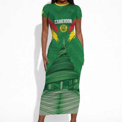 Cameroon Football Custom Short Sleeve Bodycon Dress Reunification Monument Les Lionnes Indomptables