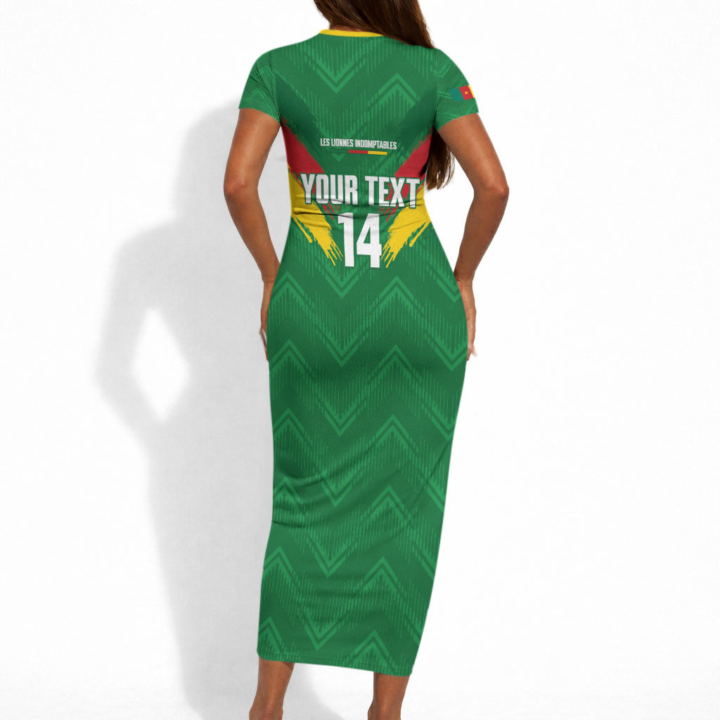 Cameroon Football Custom Short Sleeve Bodycon Dress Reunification Monument Les Lionnes Indomptables