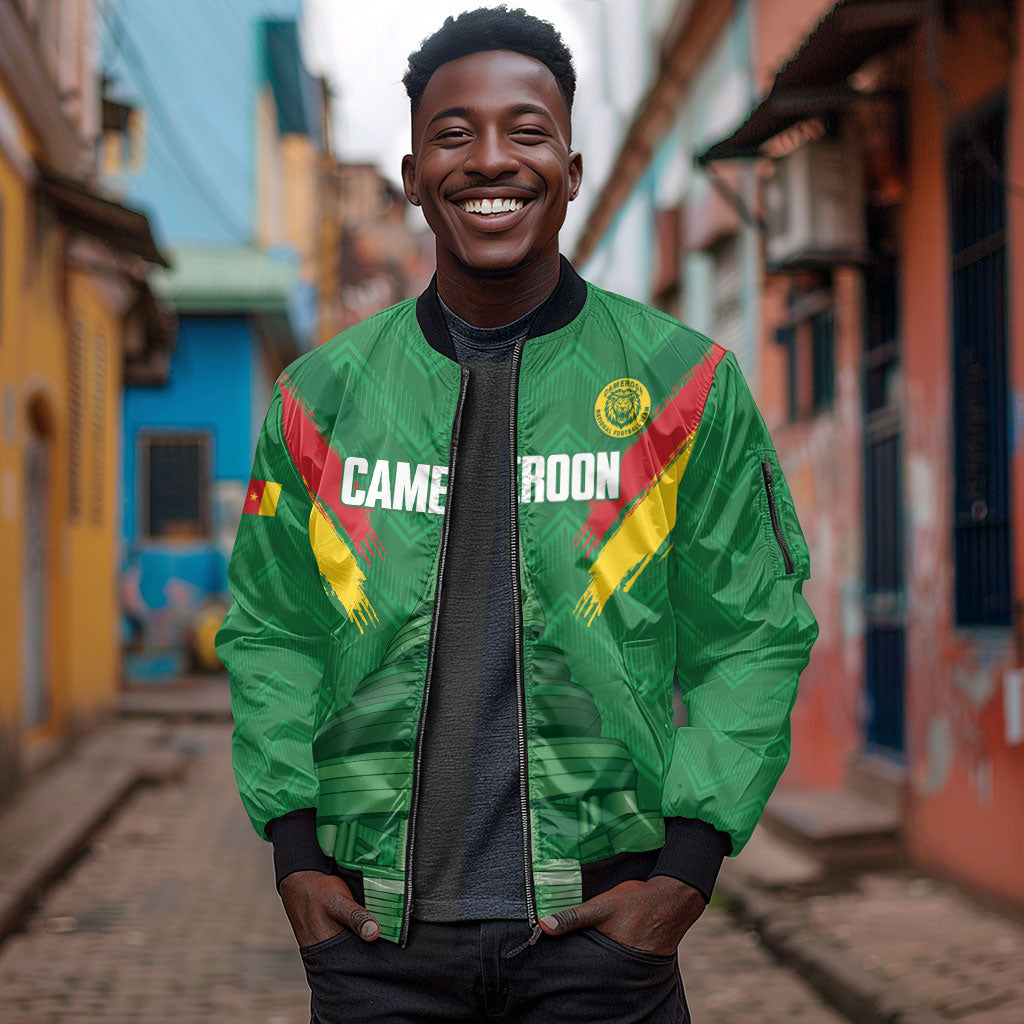 Cameroon Football Custom Sleeve Zip Bomber Jacket Reunification Monument Les Lionnes Indomptables