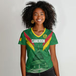 Cameroon Football Custom Women V-Neck T-Shirt Reunification Monument Les Lionnes Indomptables