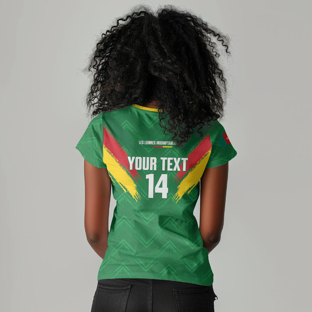 Cameroon Football Custom Women V-Neck T-Shirt Reunification Monument Les Lionnes Indomptables