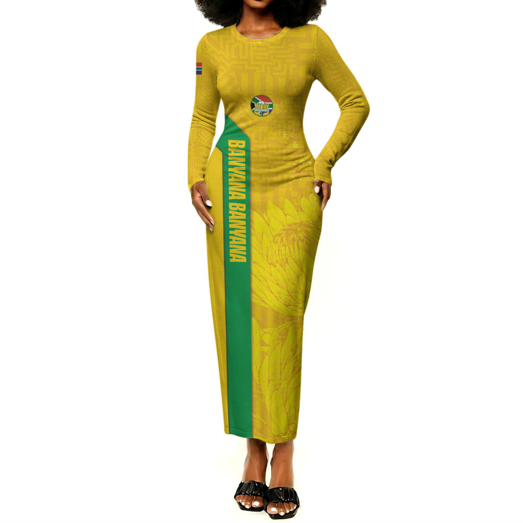 South Africa Soccer Custom Long Sleeve Bodycon Dress Banyana Banyana Protea Yellow Version