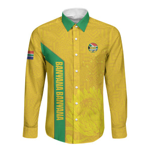 South Africa Soccer Custom Long Sleeve Button Shirt Banyana Banyana Protea Yellow Version
