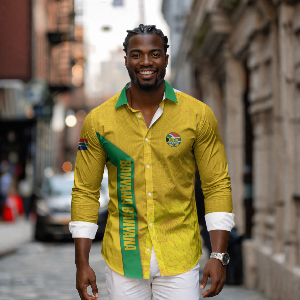 South Africa Soccer Custom Long Sleeve Button Shirt Banyana Banyana Protea Yellow Version