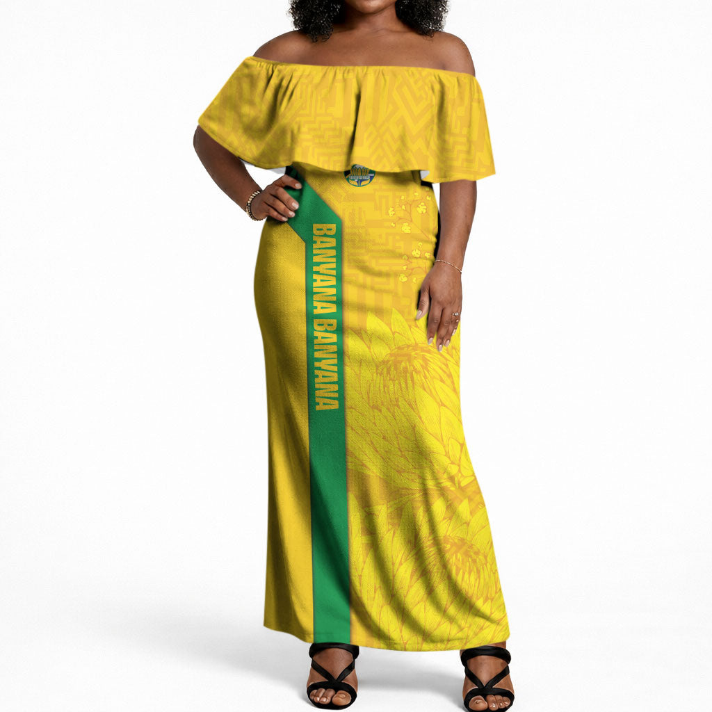 South Africa Soccer Custom Off Shoulder Maxi Dress Banyana Banyana Protea Yellow Version