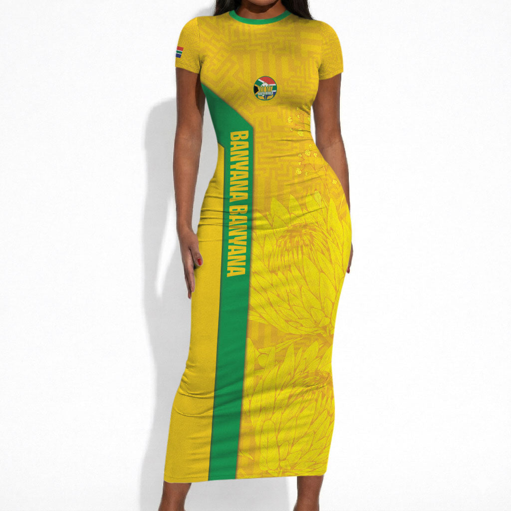 South Africa Soccer Custom Short Sleeve Bodycon Dress Banyana Banyana Protea Yellow Version