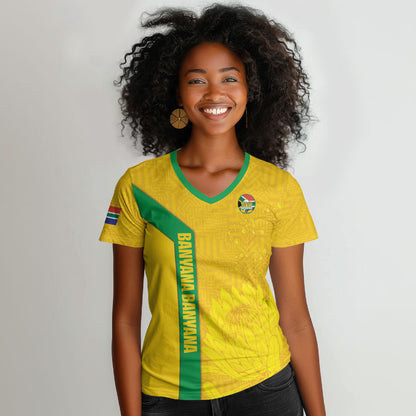 South Africa Soccer Custom Women V-Neck T-Shirt Banyana Banyana Protea Yellow Version