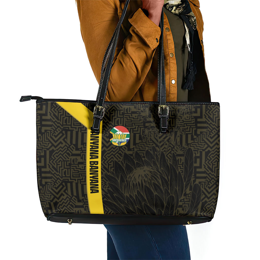 South Africa Soccer Leather Tote Bag Banyana Banyana Protea Black Version