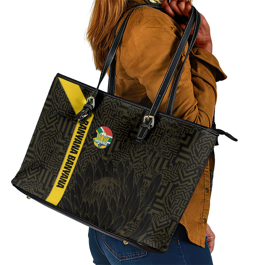 South Africa Soccer Leather Tote Bag Banyana Banyana Protea Black Version