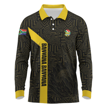 South Africa Soccer Custom Long Sleeve Polo Shirt Banyana Banyana Protea Black Version