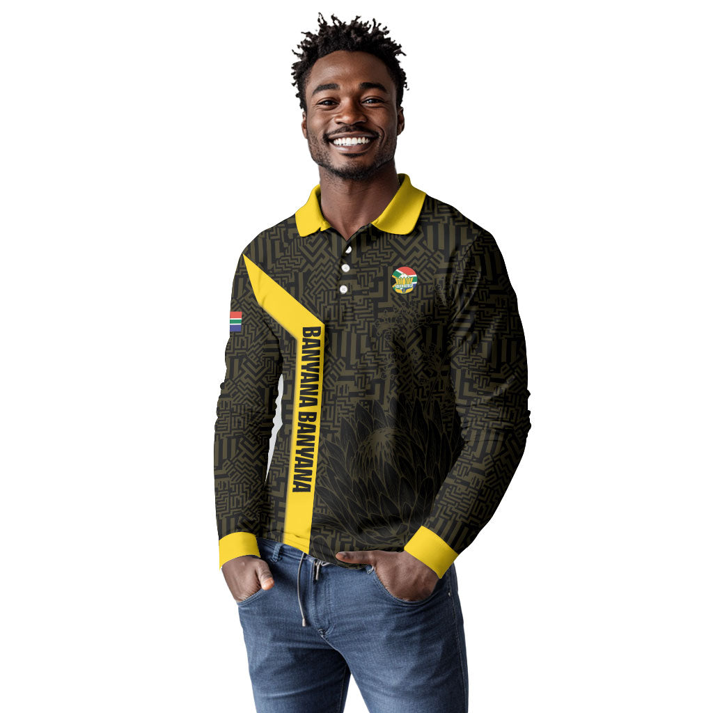 South Africa Soccer Custom Long Sleeve Polo Shirt Banyana Banyana Protea Black Version