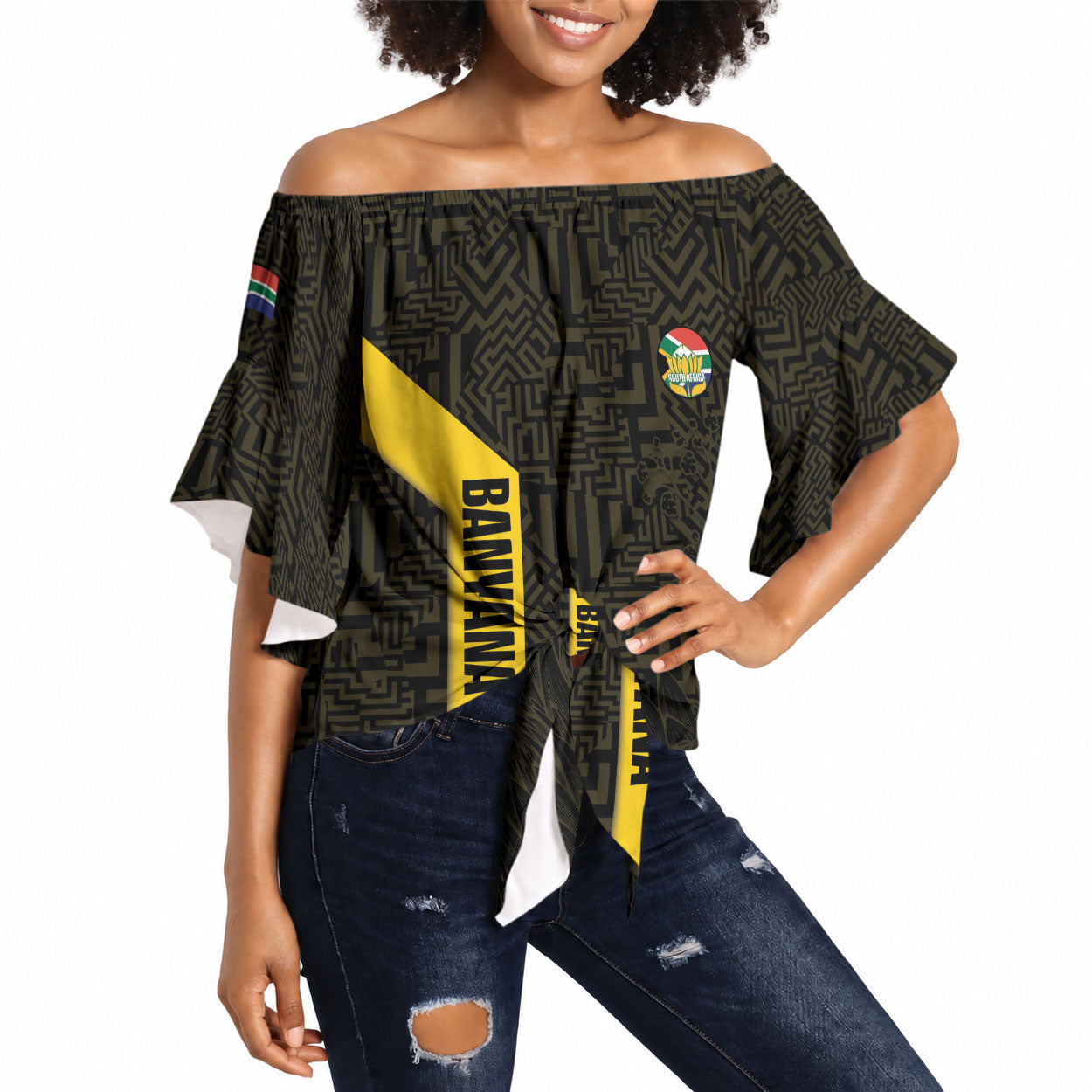 South Africa Soccer Custom Off Shoulder Wrap Waist Top Banyana Banyana Protea Black Version