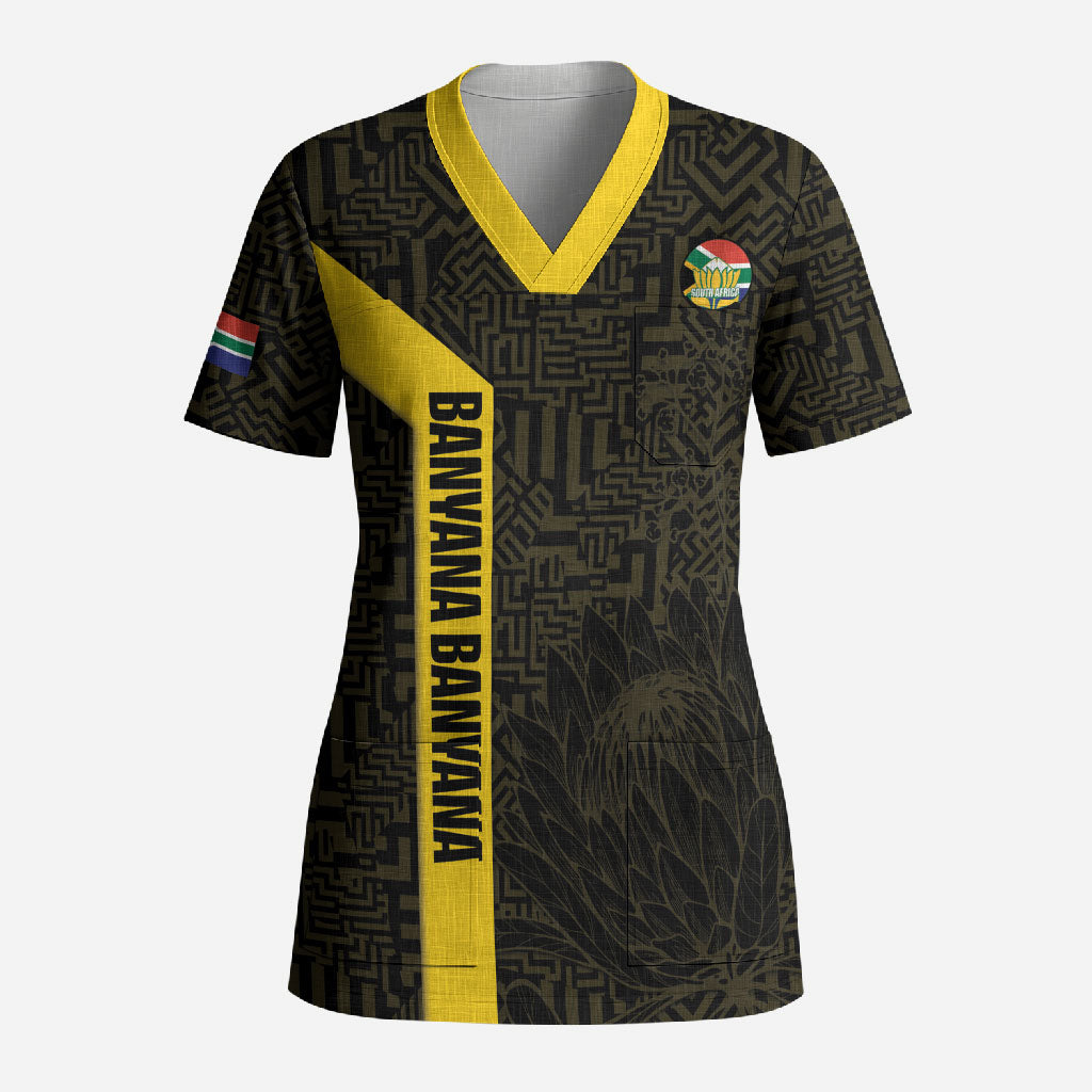 South Africa Soccer Custom Scrub Top Banyana Banyana Protea Black Version