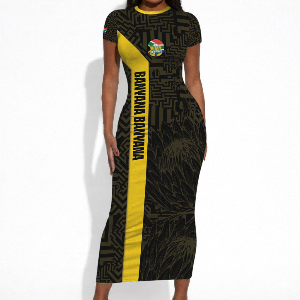 South Africa Soccer Custom Short Sleeve Bodycon Dress Banyana Banyana Protea Black Version