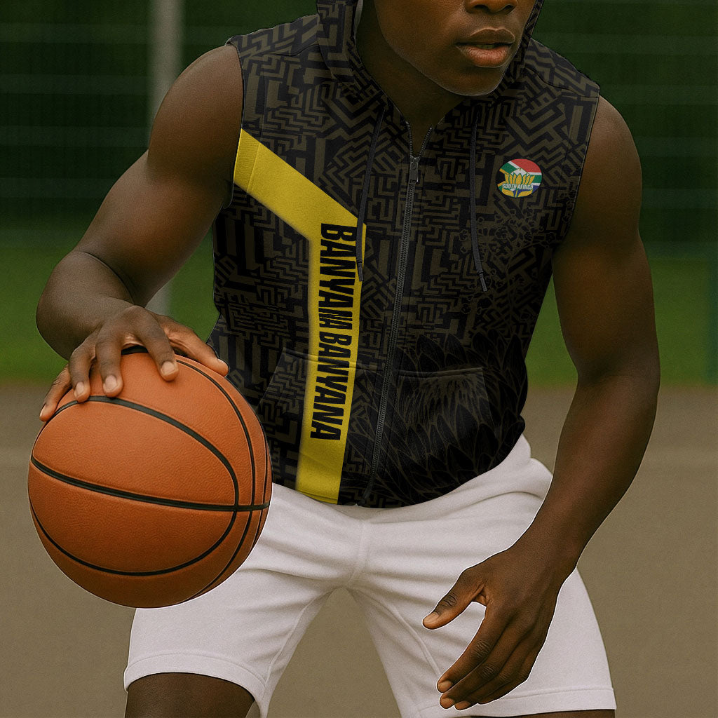 South Africa Soccer Custom Sleeveless Zip Hoodie Banyana Banyana Protea Black Version