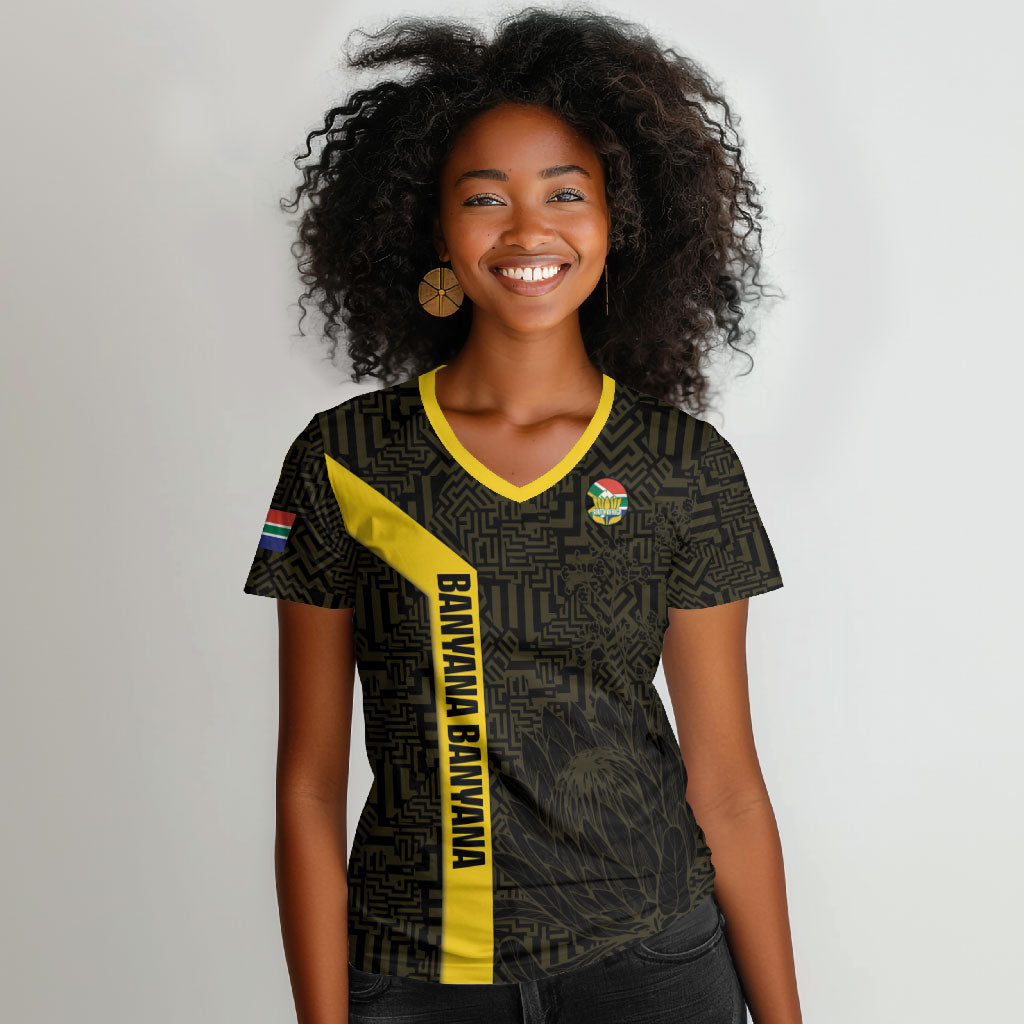 South Africa Soccer Custom Women V-Neck T-Shirt Banyana Banyana Protea Black Version