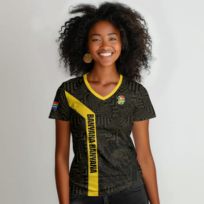 South Africa Soccer Custom Women V-Neck T-Shirt Banyana Banyana Protea Black Version