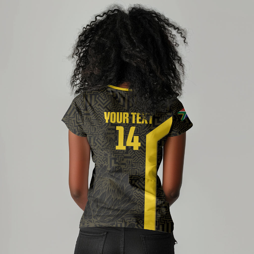 South Africa Soccer Custom Women V-Neck T-Shirt Banyana Banyana Protea Black Version