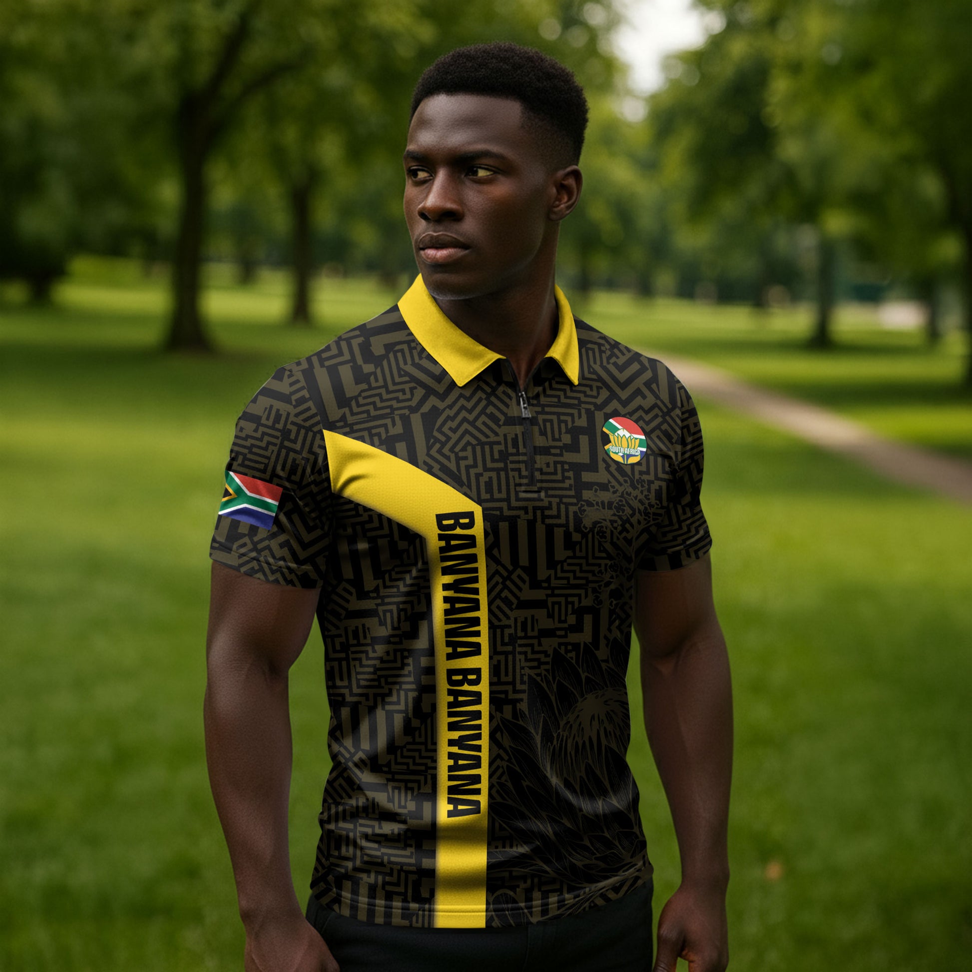 South Africa Soccer Custom Zipper Polo Shirt Banyana Banyana Protea Black Version