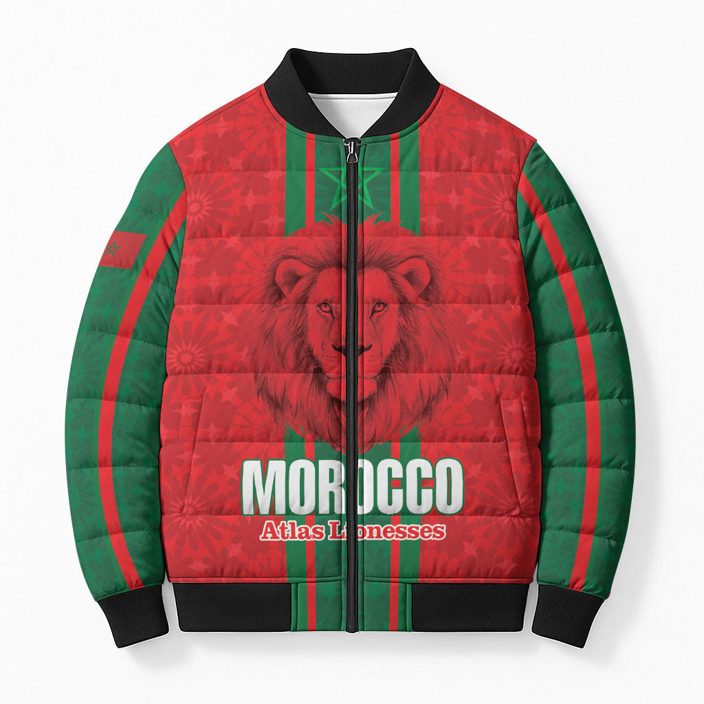 Morocco Football Custom Bomber Puffer Jacket Atlas Lionesses Moroccan Folk Pattern