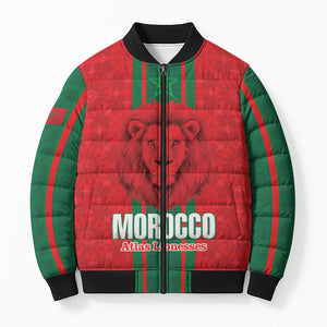 Morocco Football Custom Bomber Puffer Jacket Atlas Lionesses Moroccan Folk Pattern