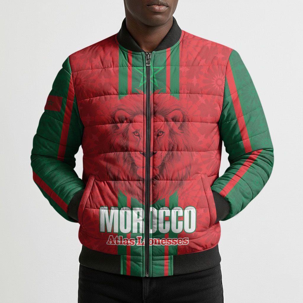 Morocco Football Custom Bomber Puffer Jacket Atlas Lionesses Moroccan Folk Pattern
