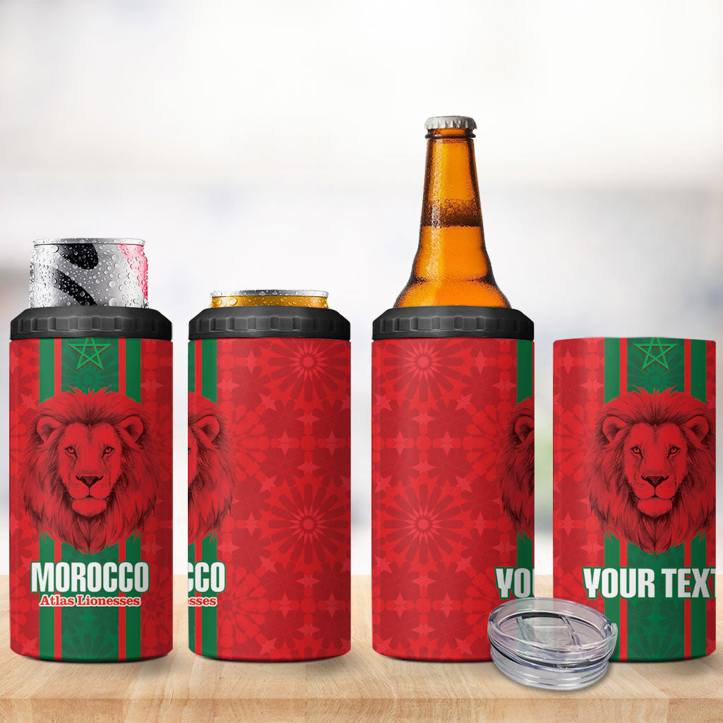 Morocco Football Custom 4 in 1 Can Cooler Tumbler Atlas Lionesses Moroccan Folk Pattern