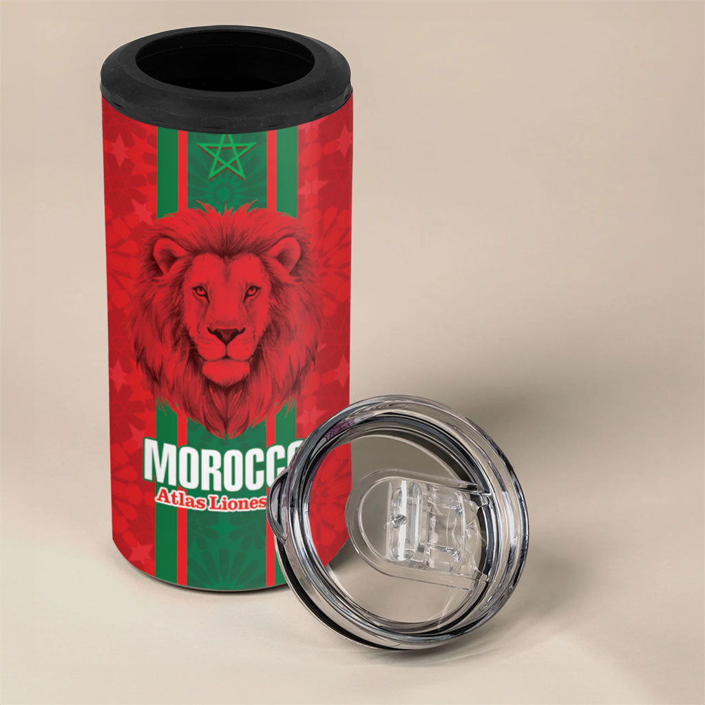 Morocco Football Custom 4 in 1 Can Cooler Tumbler Atlas Lionesses Moroccan Folk Pattern