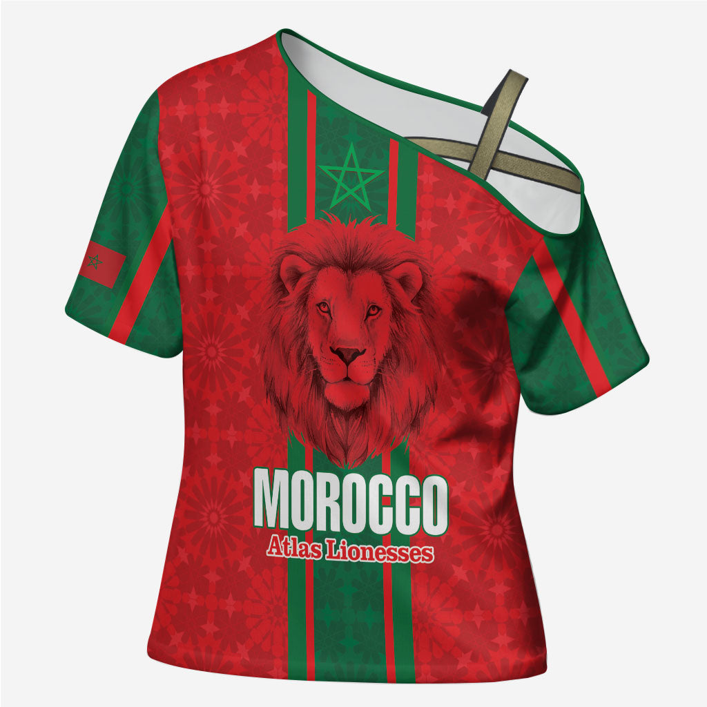 Morocco Football Custom Cross Shoulder Shirt Atlas Lionesses Moroccan Folk Pattern