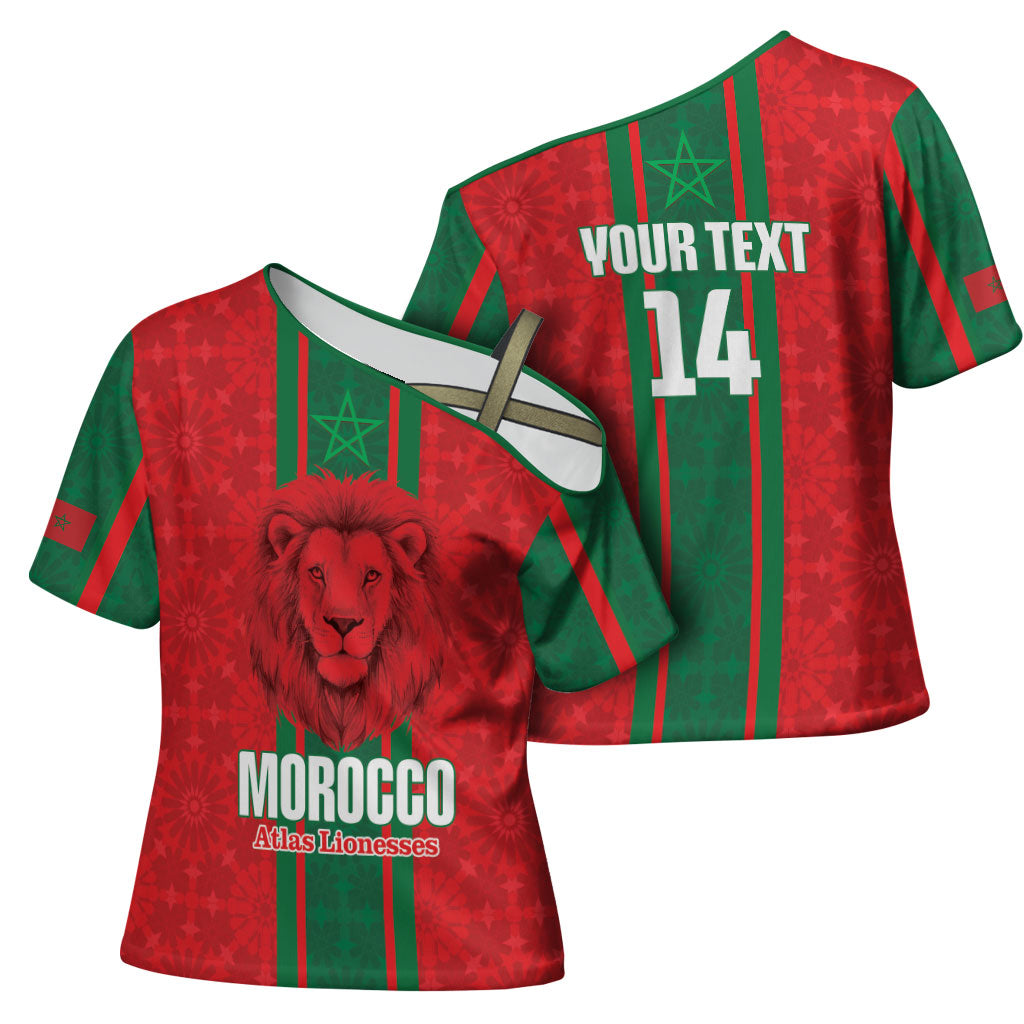 Morocco Football Custom Cross Shoulder Shirt Atlas Lionesses Moroccan Folk Pattern