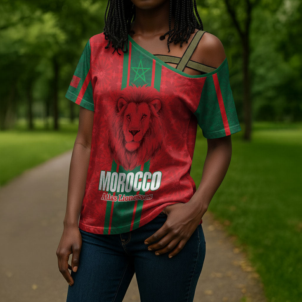 Morocco Football Custom Cross Shoulder Shirt Atlas Lionesses Moroccan Folk Pattern