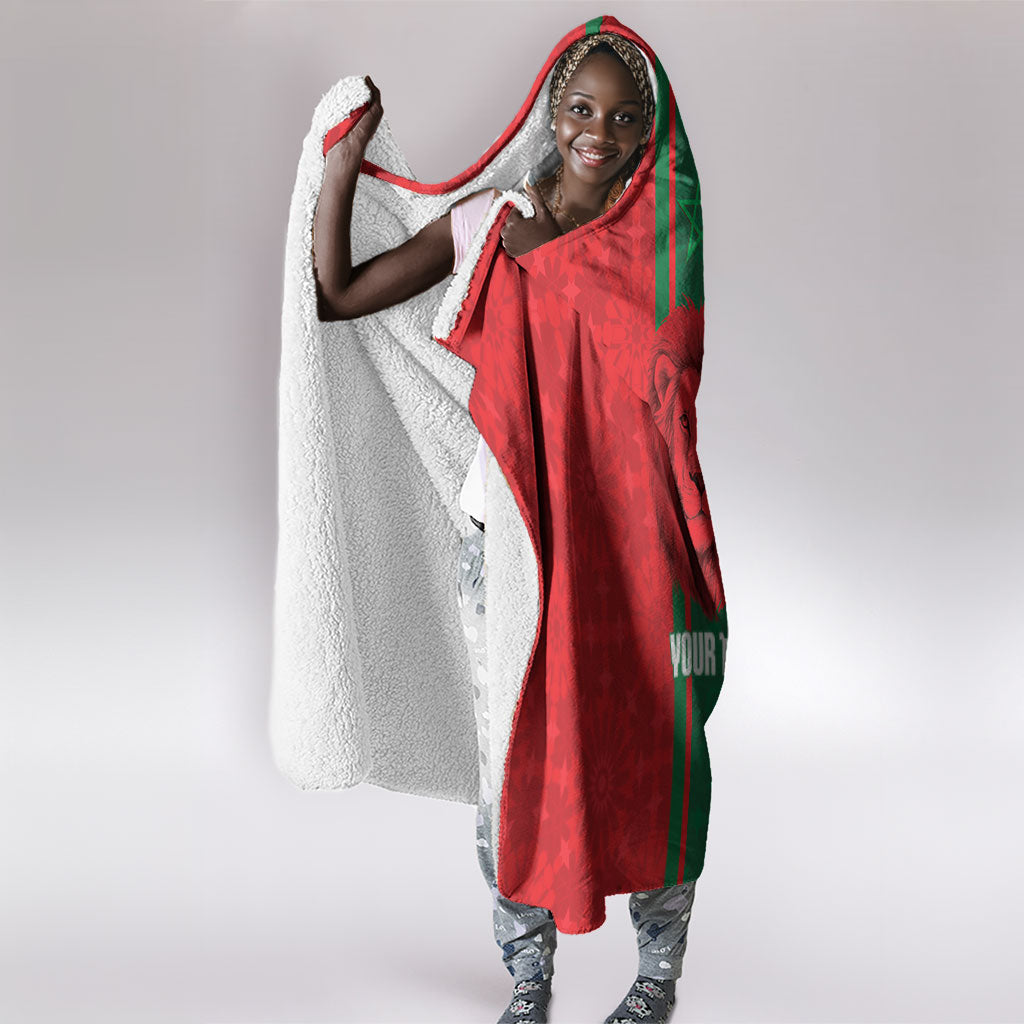 Morocco Football Custom Hooded Blanket Atlas Lionesses Moroccan Folk Pattern