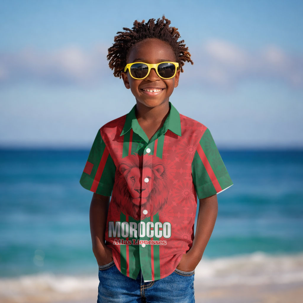Morocco Football Custom Kid Hawaiian Shirt Atlas Lionesses Moroccan Folk Pattern