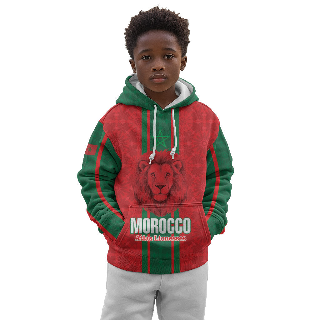 Morocco Football Custom Kid Hoodie Atlas Lionesses Moroccan Folk Pattern